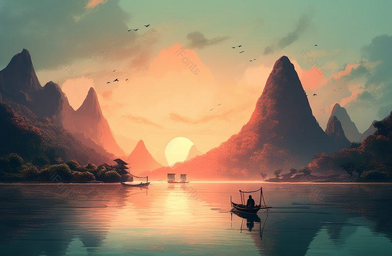 奇山峻岭唯美日出水墨山水画中国风背景,插画/手绘图,插画/手绘图库,插画/手绘图下载,插画/手绘